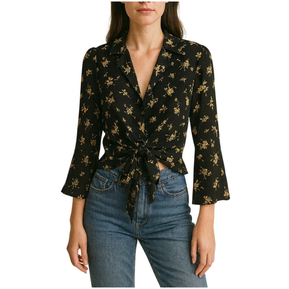 GANNI Black Yellow Floral Tie Front Blouse US 4 EU 36‎ Bell Sleeve Sheer Boho